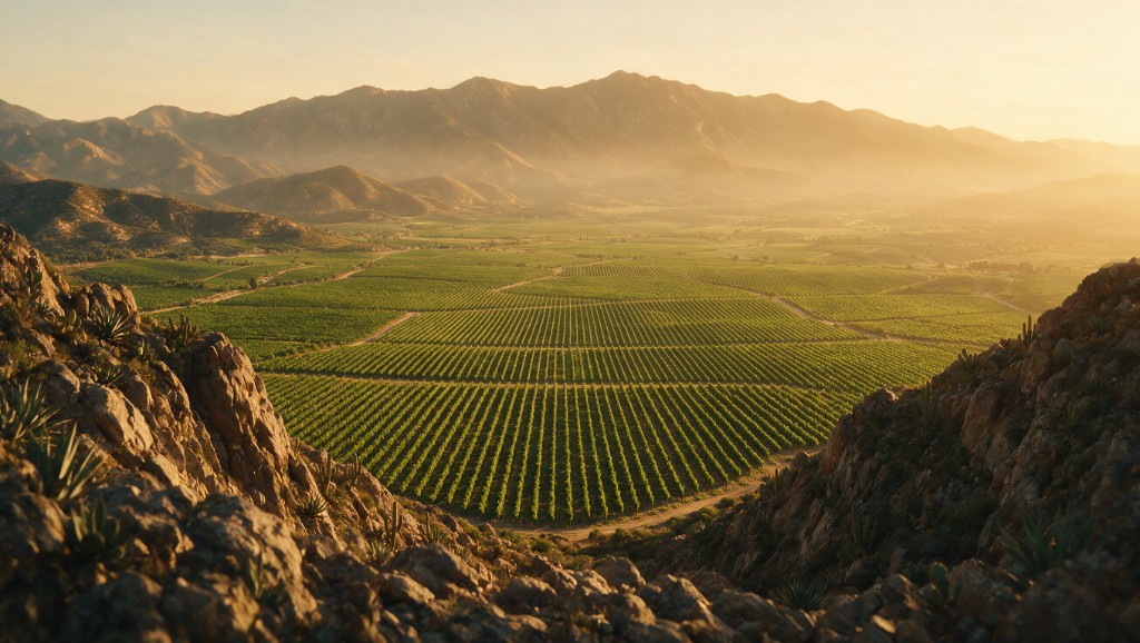 Vineyards and mountains in Valle de Guadalupe at sunrise